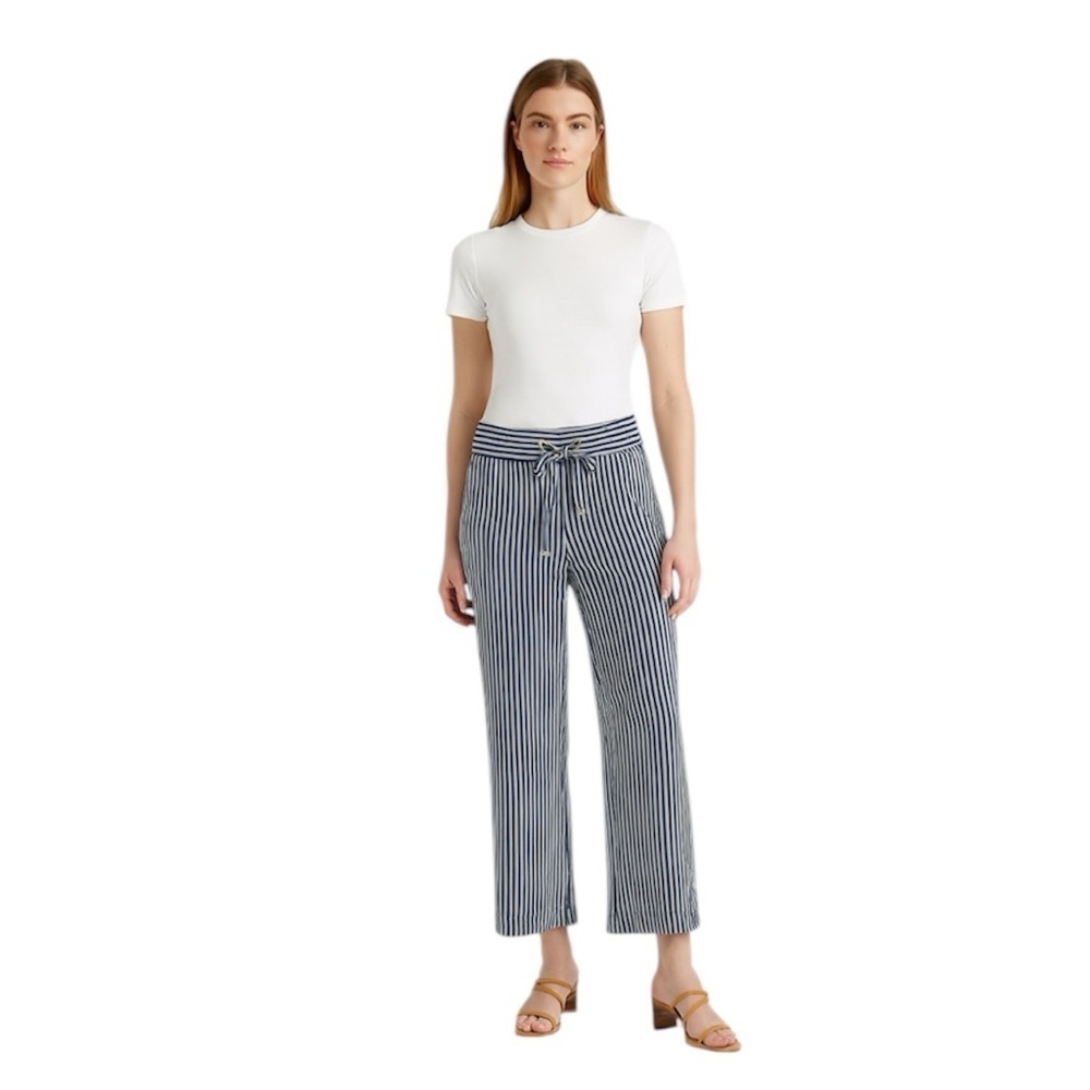 NWT Michael Kors Navy Pinstripe Wide Leg Pull-On Cropped Pants, Size Medium